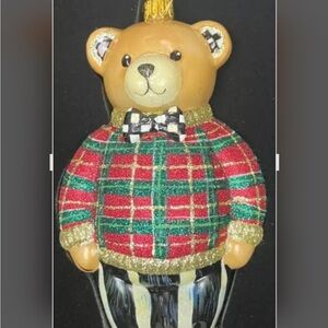 MacKenzie-Childs Festive Plaid teddy Bear Christmas tree glass Ornament new box